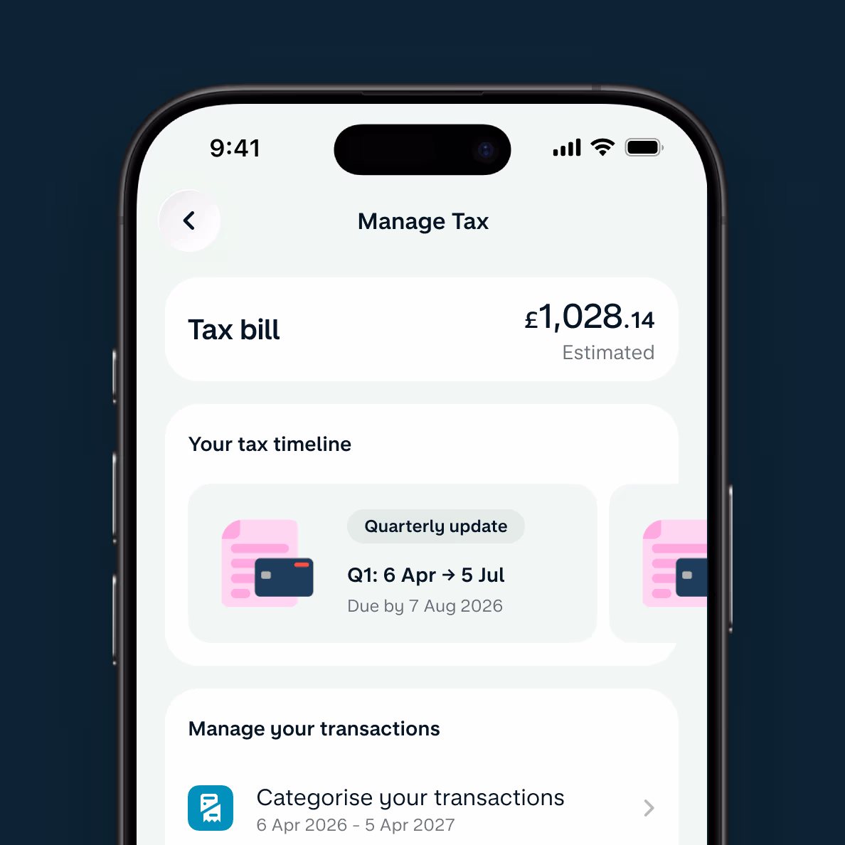 Monzo app showing Manage Tax page
