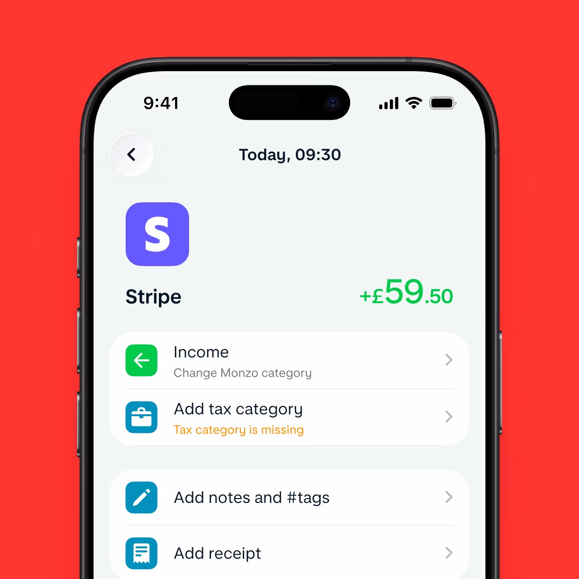 Monzo app showing stripe integration
